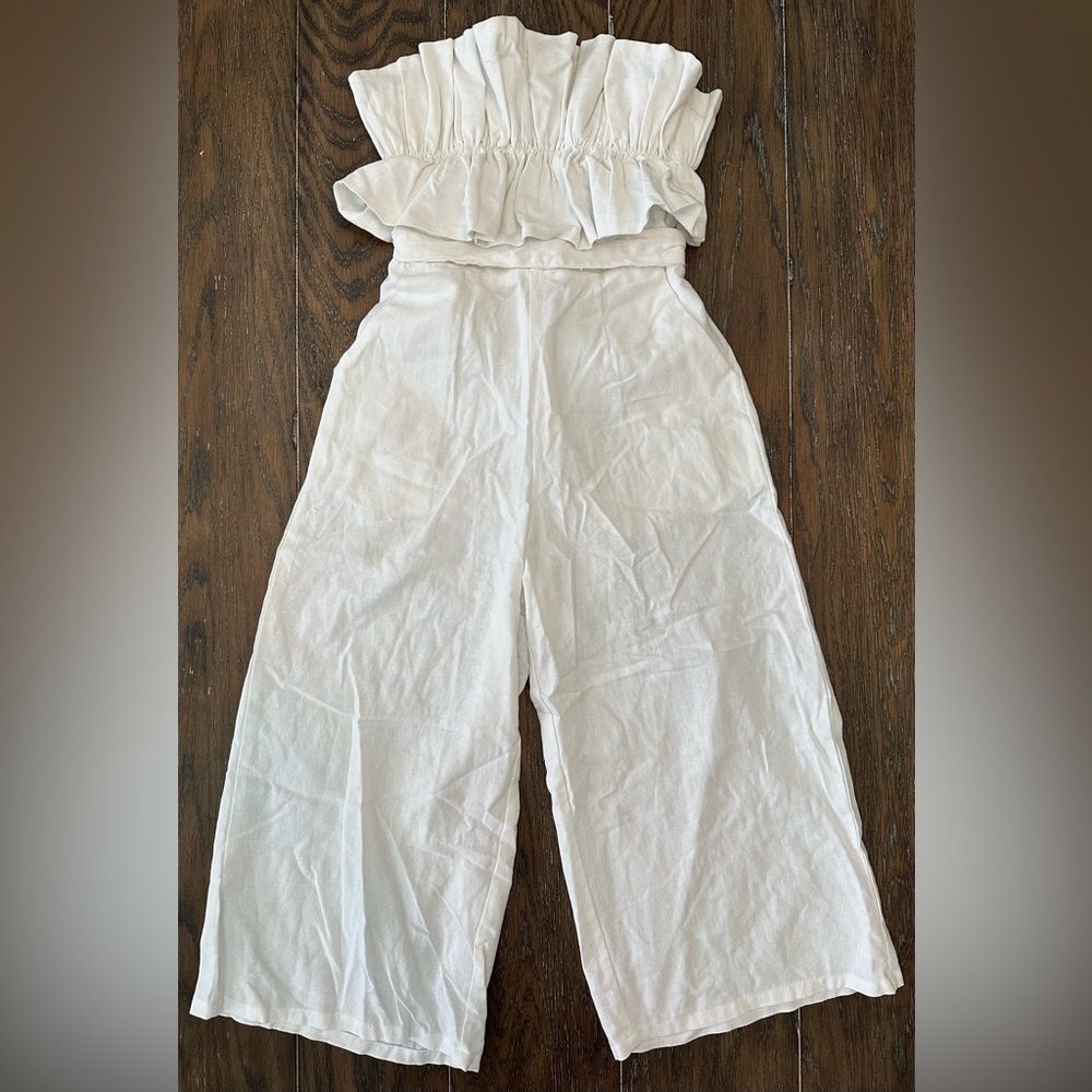 White Ruffle Strapless Jumpsuit - Picture 2 of 4